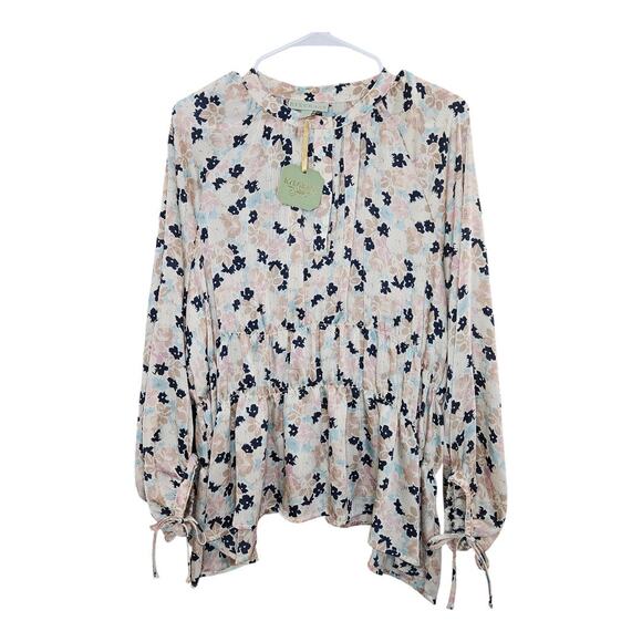 NEW Women's Ryegrass Soft Floral Split Tie Neck Long Sleeve Blouse (Size: XXL) - Picture 2 of 6